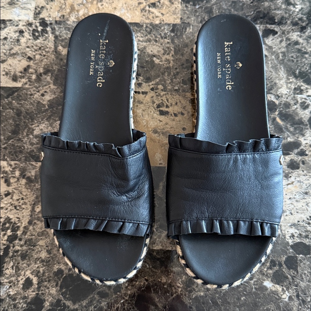 kate spade Black Ruffle Slide Mules with Espadrille Trim